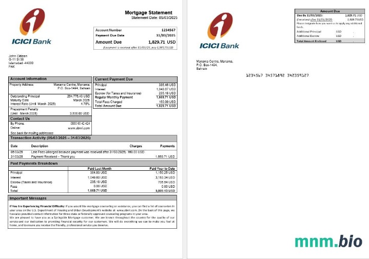 Pakistan ICICI wyciąg z kredytu hipotecznego w formatach Word i PDF bez znaku wodnego